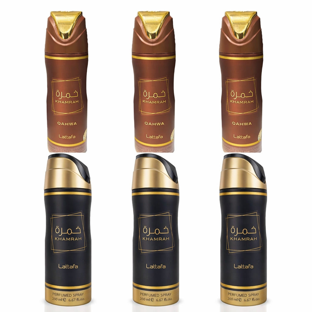 Khamrah 3pc + Qahwa 3pc Perfumed Spray 200ml (U) Deo 6 piece pack