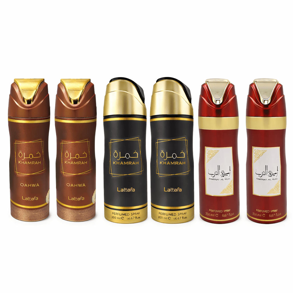 Khamrah 2pc + Qahwa 2pc + Ameerat Al Arab 2pc Perfumed Spray 200ml (U) Deo 6 piece pack